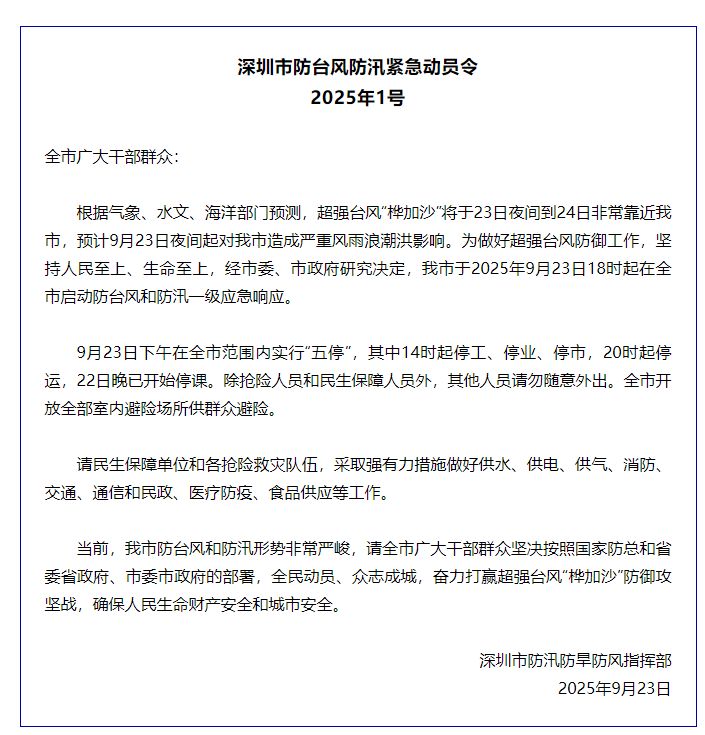 2025深圳台风五停通知