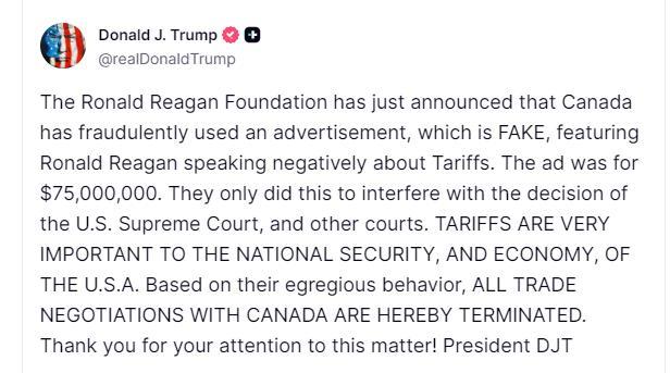 特朗普突然宣布，终止所有贸易谈判，事涉加拿大 广告争议引发断交